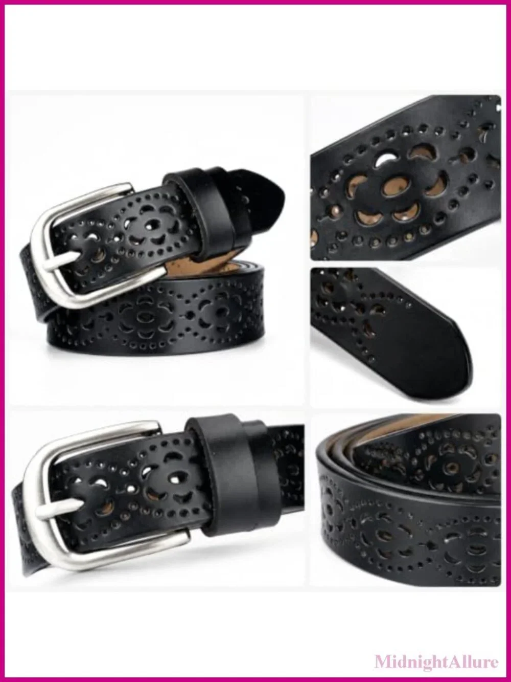 Genuine Leather Belt Hollow Floral Pin Buckle Adjustable Waist Slimming